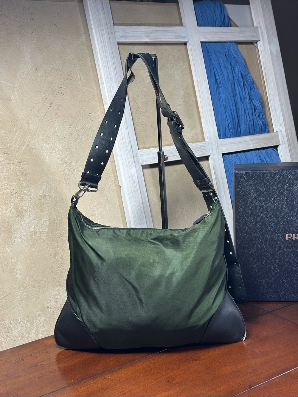 AUTHENTIC Prada bag. Green satin with brown leather trim.